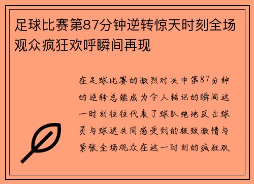足球比赛第87分钟逆转惊天时刻全场观众疯狂欢呼瞬间再现