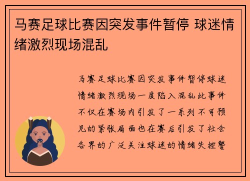 马赛足球比赛因突发事件暂停 球迷情绪激烈现场混乱