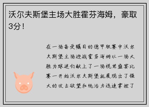 沃尔夫斯堡主场大胜霍芬海姆，豪取3分！
