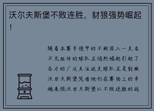 沃尔夫斯堡不败连胜，豺狼强势崛起！