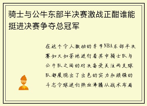骑士与公牛东部半决赛激战正酣谁能挺进决赛争夺总冠军