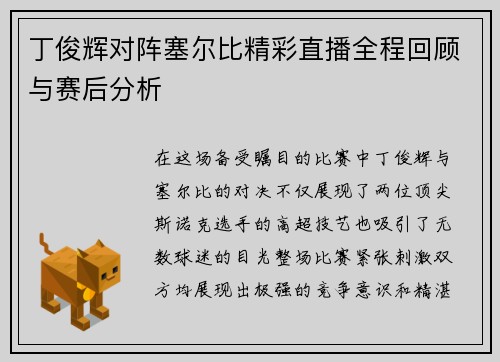 丁俊辉对阵塞尔比精彩直播全程回顾与赛后分析