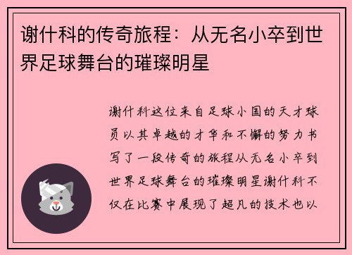 谢什科的传奇旅程：从无名小卒到世界足球舞台的璀璨明星