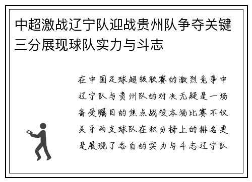 中超激战辽宁队迎战贵州队争夺关键三分展现球队实力与斗志