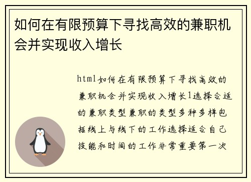如何在有限预算下寻找高效的兼职机会并实现收入增长