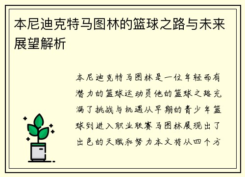 本尼迪克特马图林的篮球之路与未来展望解析