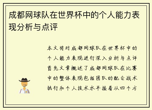 成都网球队在世界杯中的个人能力表现分析与点评