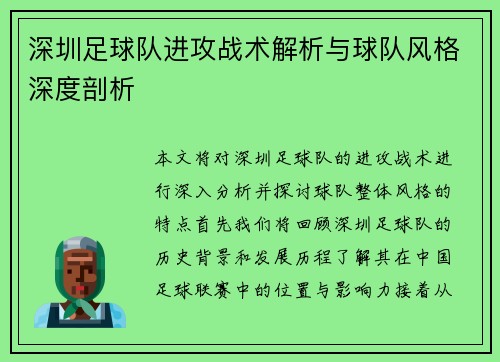 深圳足球队进攻战术解析与球队风格深度剖析