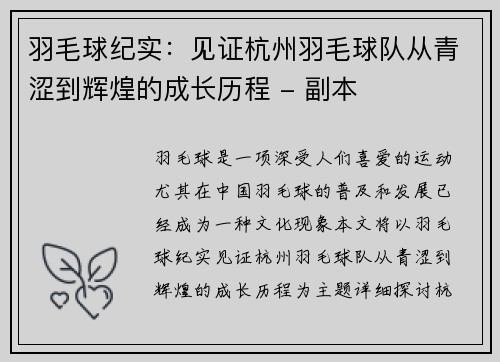 羽毛球纪实：见证杭州羽毛球队从青涩到辉煌的成长历程 - 副本