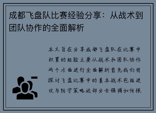 成都飞盘队比赛经验分享：从战术到团队协作的全面解析
